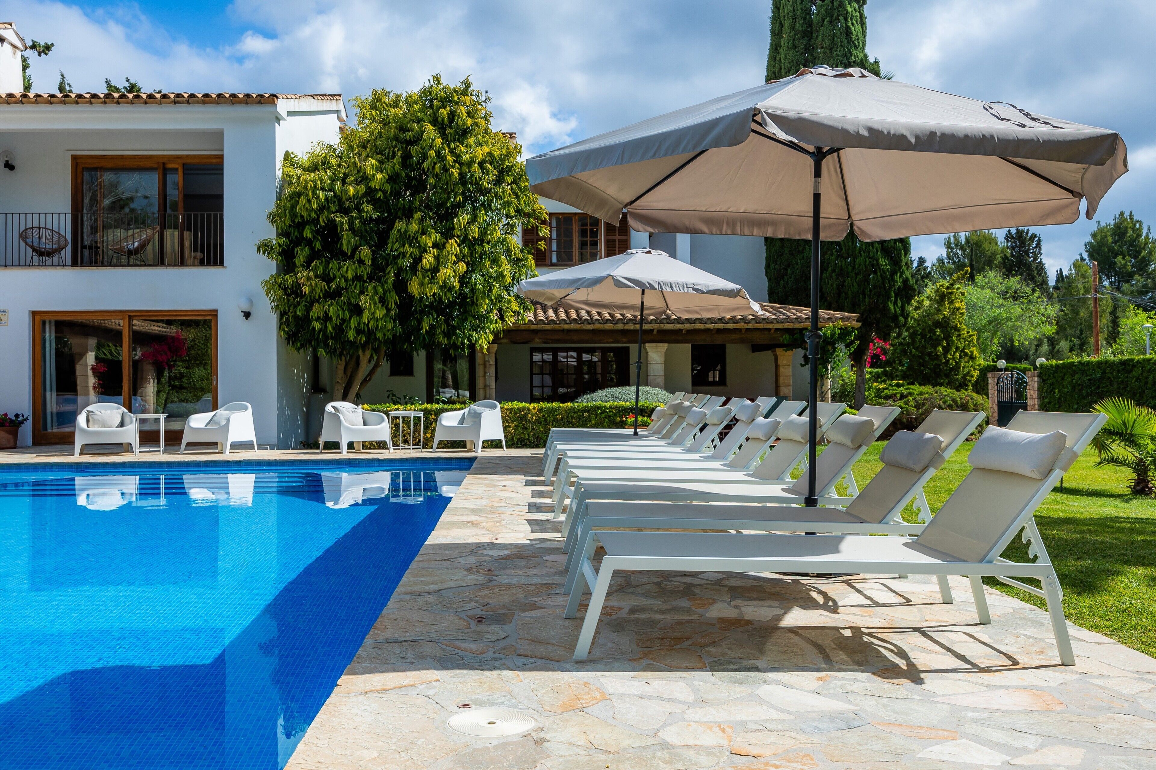 Una piscina con sillas de descanso y sombrillas, un edificio blanco con ventanales grandes y un árbol al fondo.