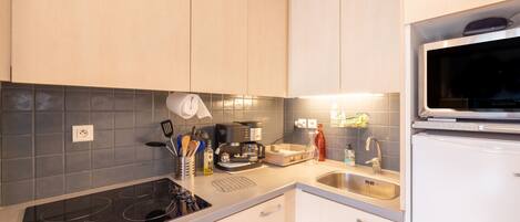 Frigorífico, microondas, horno y placa de cocina