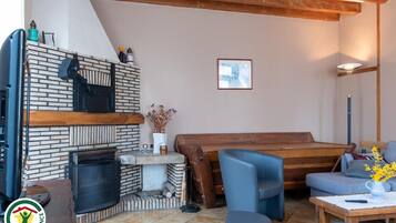 Een televisie, een open haard, een dvd-speler en een tafeltennistafel