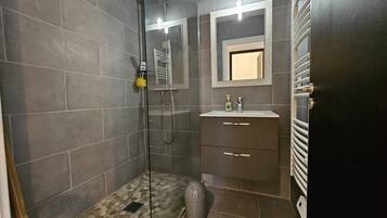 Une salle de bain avec une douche à parois de verre, un meuble-lavabo avec un miroir et des toilettes.