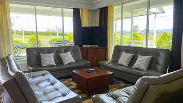 Smart TV, chimenea, estéreo