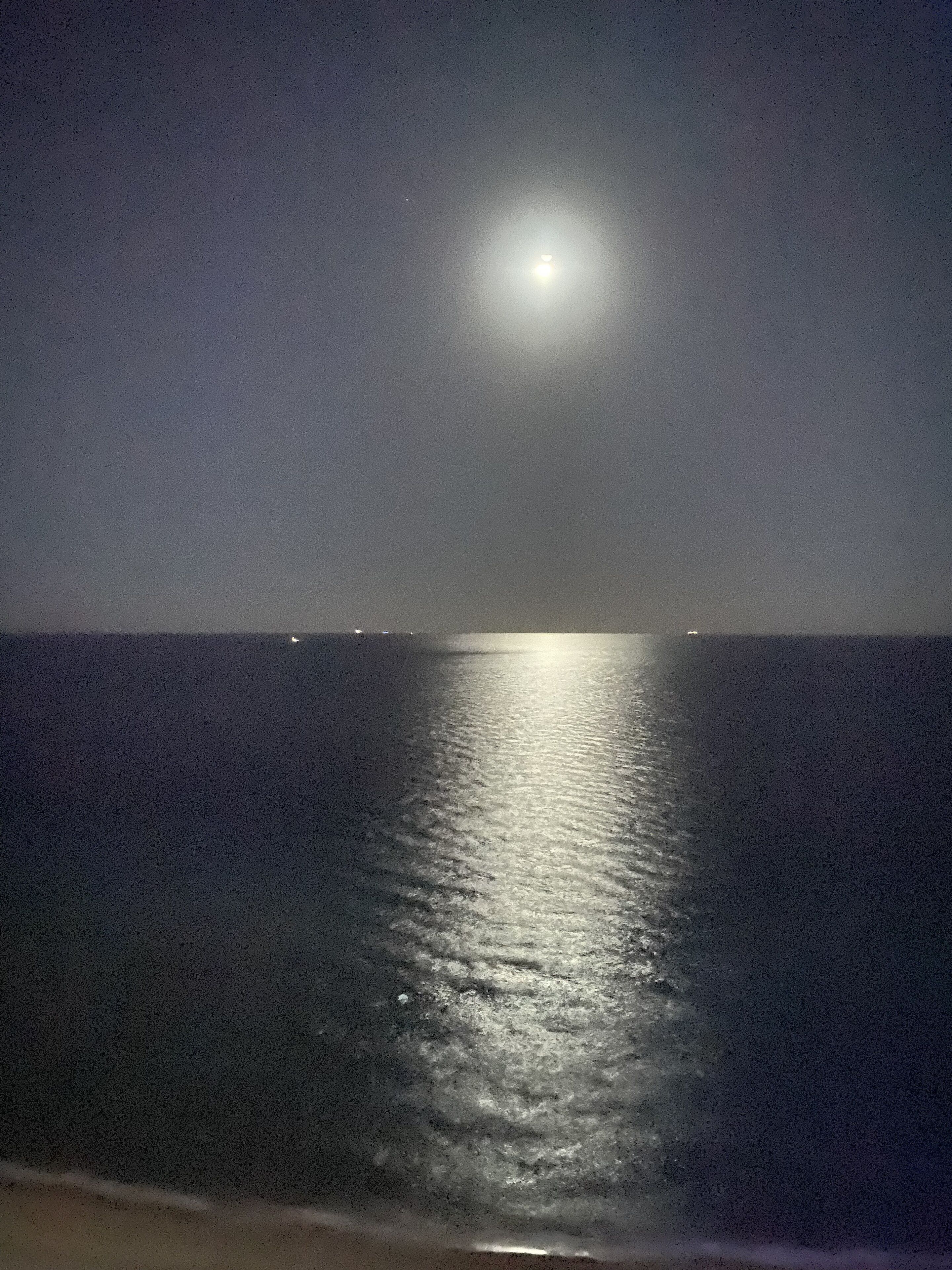A nighttime view of a beach with a calm sea reflecting the moonlight.
