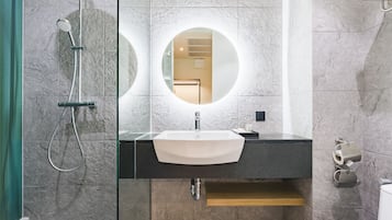 Shower, rainfall showerhead, hair dryer, towels