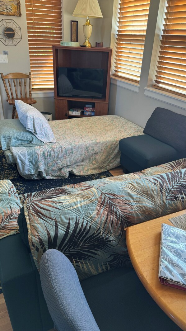A cozy room with a bed, a sofa, a TV, and a lamp.