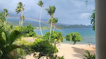 On the beach, sun-loungers, beach towels