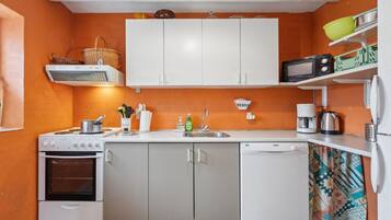 Fridge, stovetop, dishwasher, coffee/tea maker