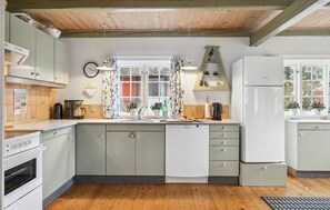 Fridge, stovetop, dishwasher, coffee/tea maker