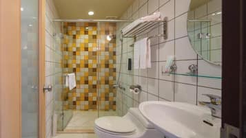 A bathroom with a glass shower enclosure, a white toilet, and a sink with a mirror above it.