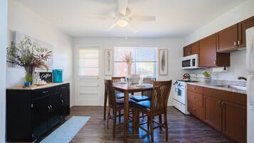 Coffee/tea maker, fridge, microwave, oven