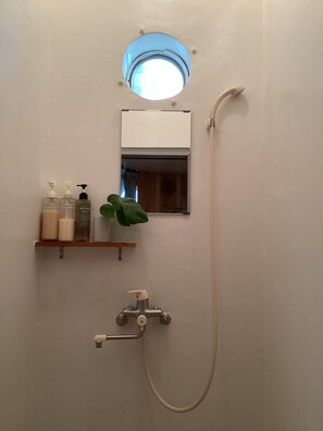 Regadera, toallas, shampoo, papel de baño 