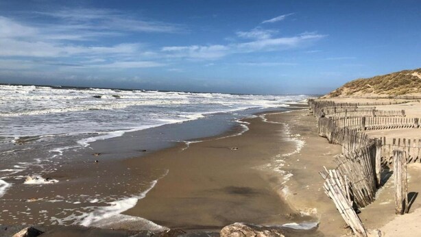 Een strand met golven, een houten hek en een heldere lucht.