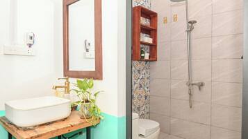 Shower, hair dryer, towels, soap