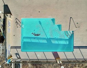 Ein Schwimmbecken mit Rettungsschwimmerstuhl und Sprungbrett.
