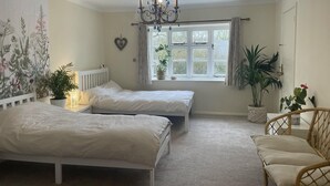 Une chambre avec deux lits, un lustre, une fenêtre avec des rideaux et plusieurs plantes en pot.