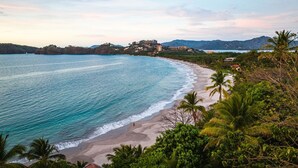 A coastal view with a beach, palm trees, and a building complex in the background. - Marina Flamingo (Cabo Velas)