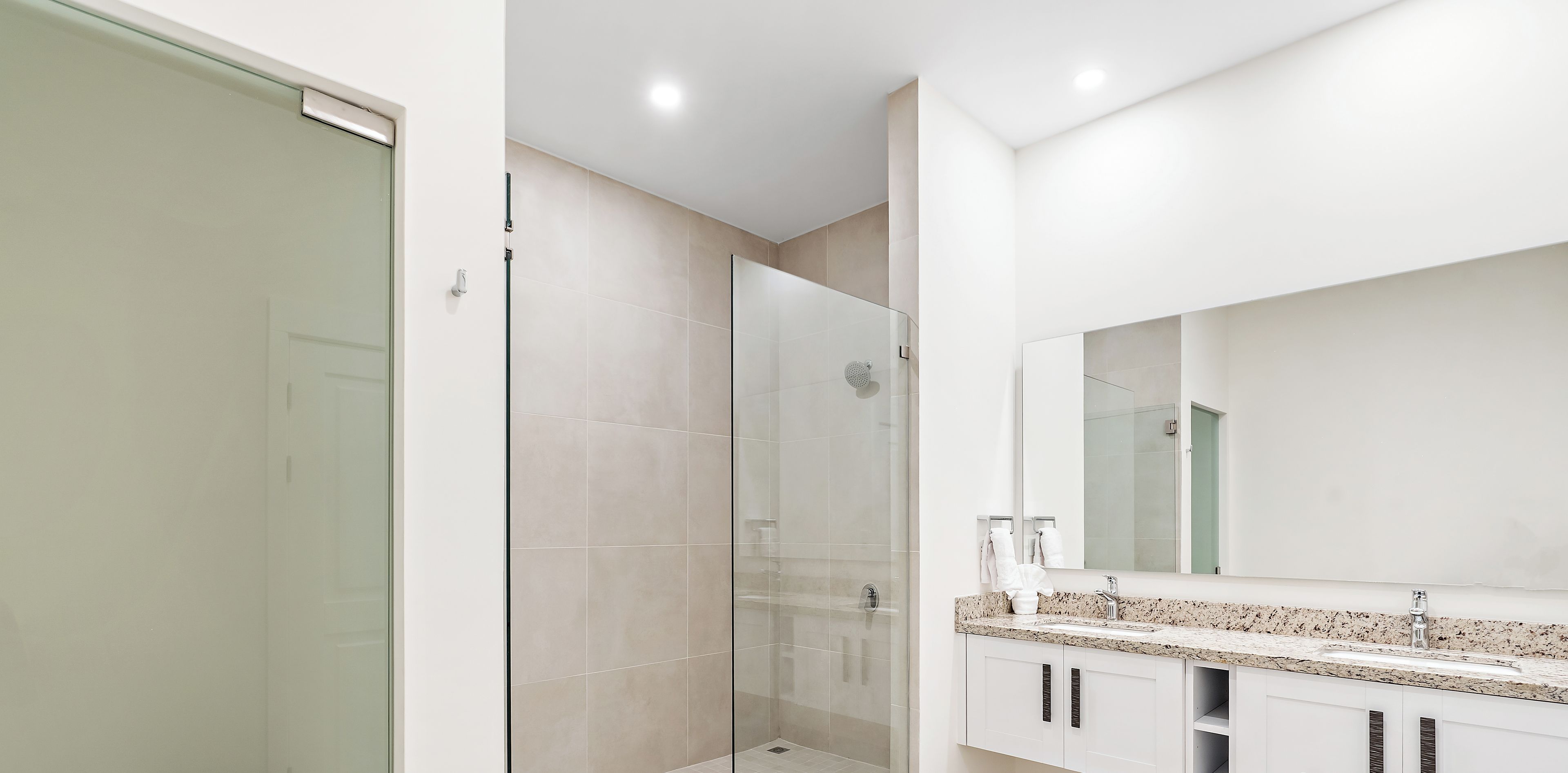 A modern bathroom with a glass shower enclosure, a large mirror, and a white vanity with a granite countertop.