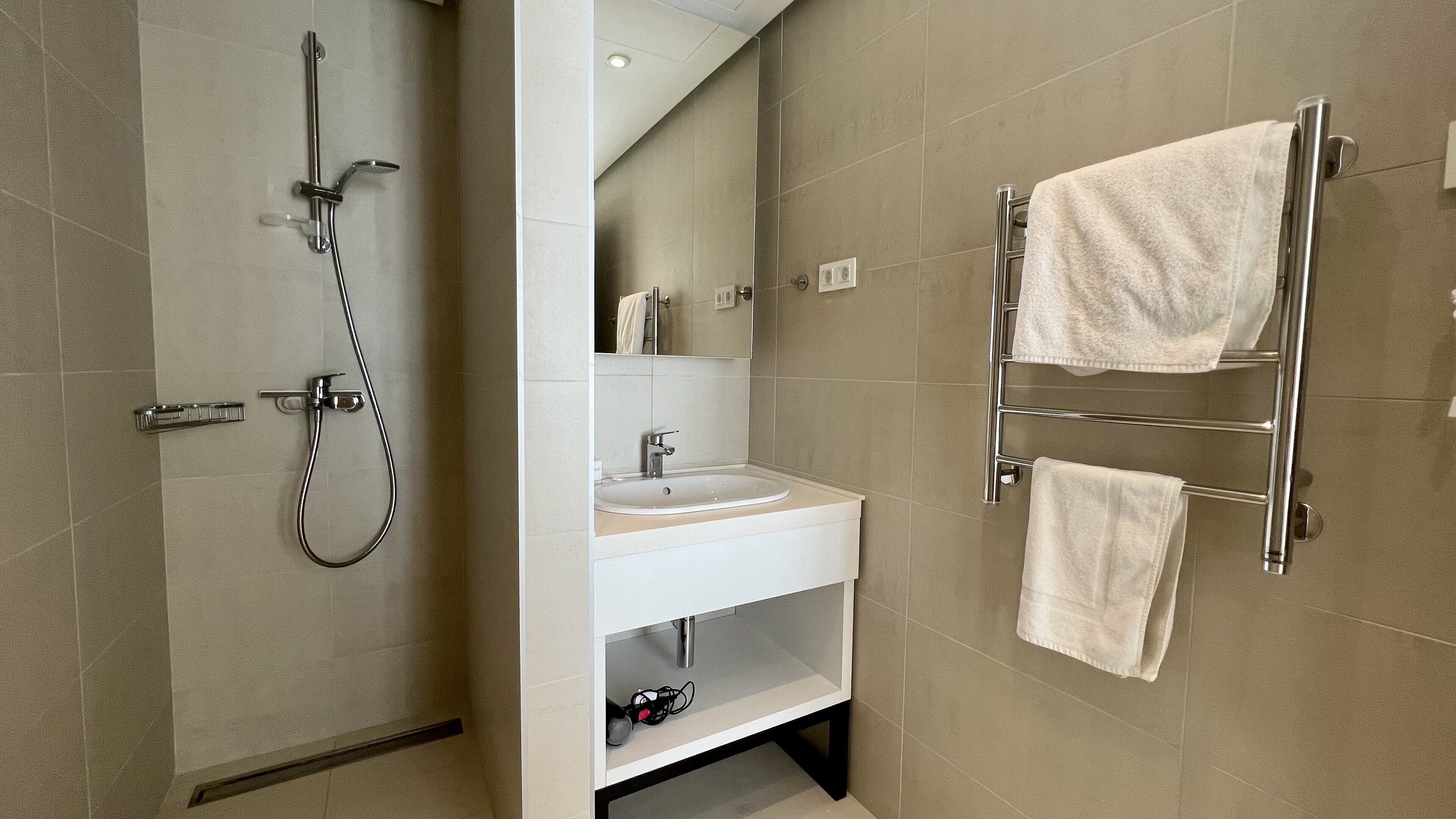 A modern bathroom with a shower, sink, and towel rack.