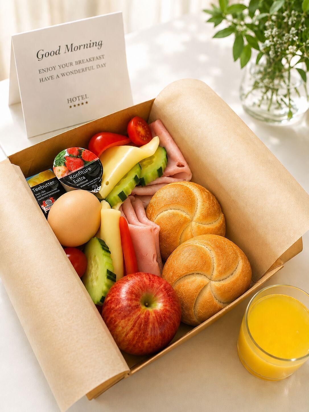 Ontbijtkist met kaartje, inclusief brood, fruit, kaas en een glas jus d'orange.