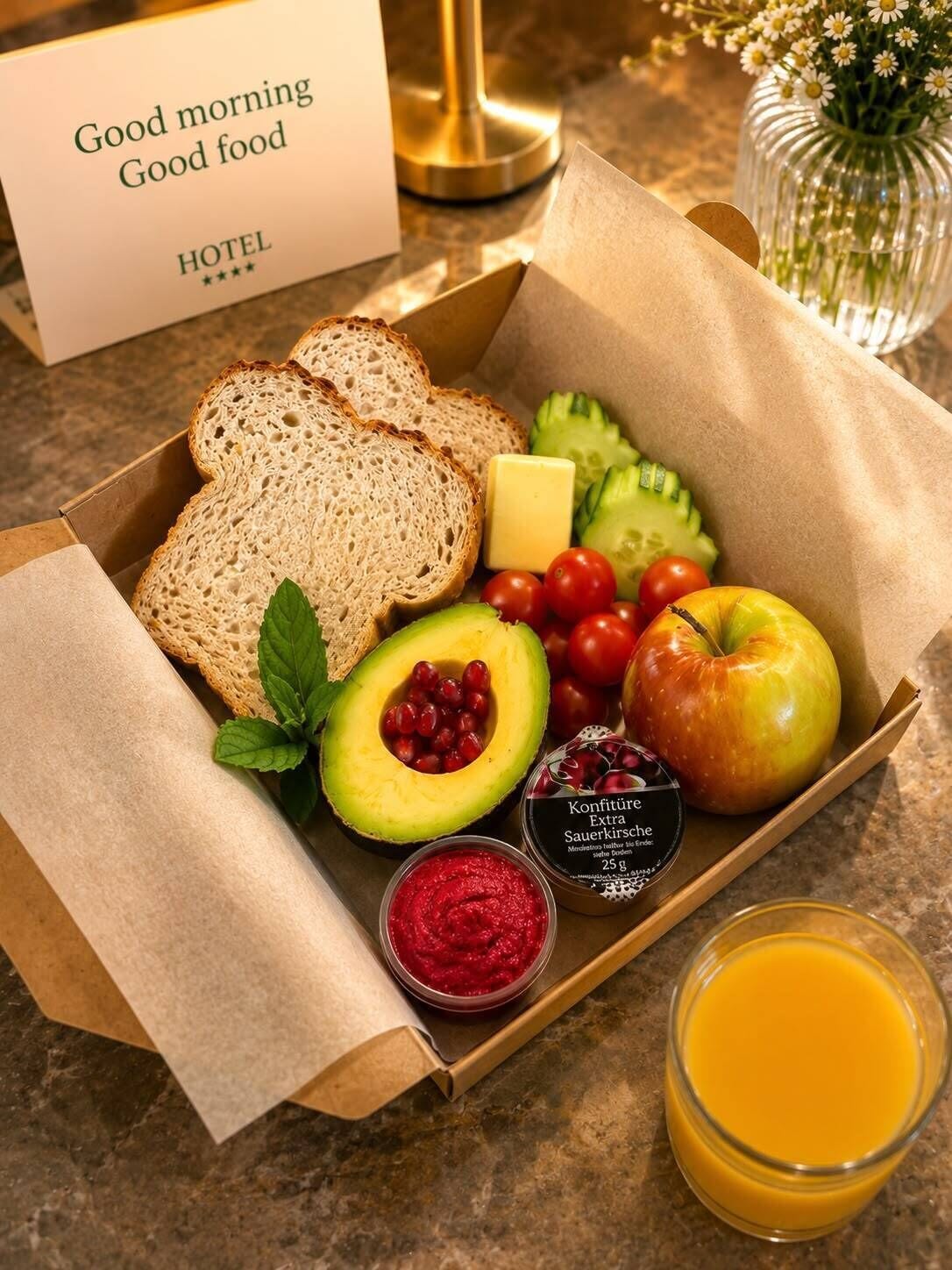 Ein Frühstücksbox mit Brot, Käse, Avocado, Cocktailtomaten, einem Apfel, einem Marmeladenglas und einem Glas Orangensaft.