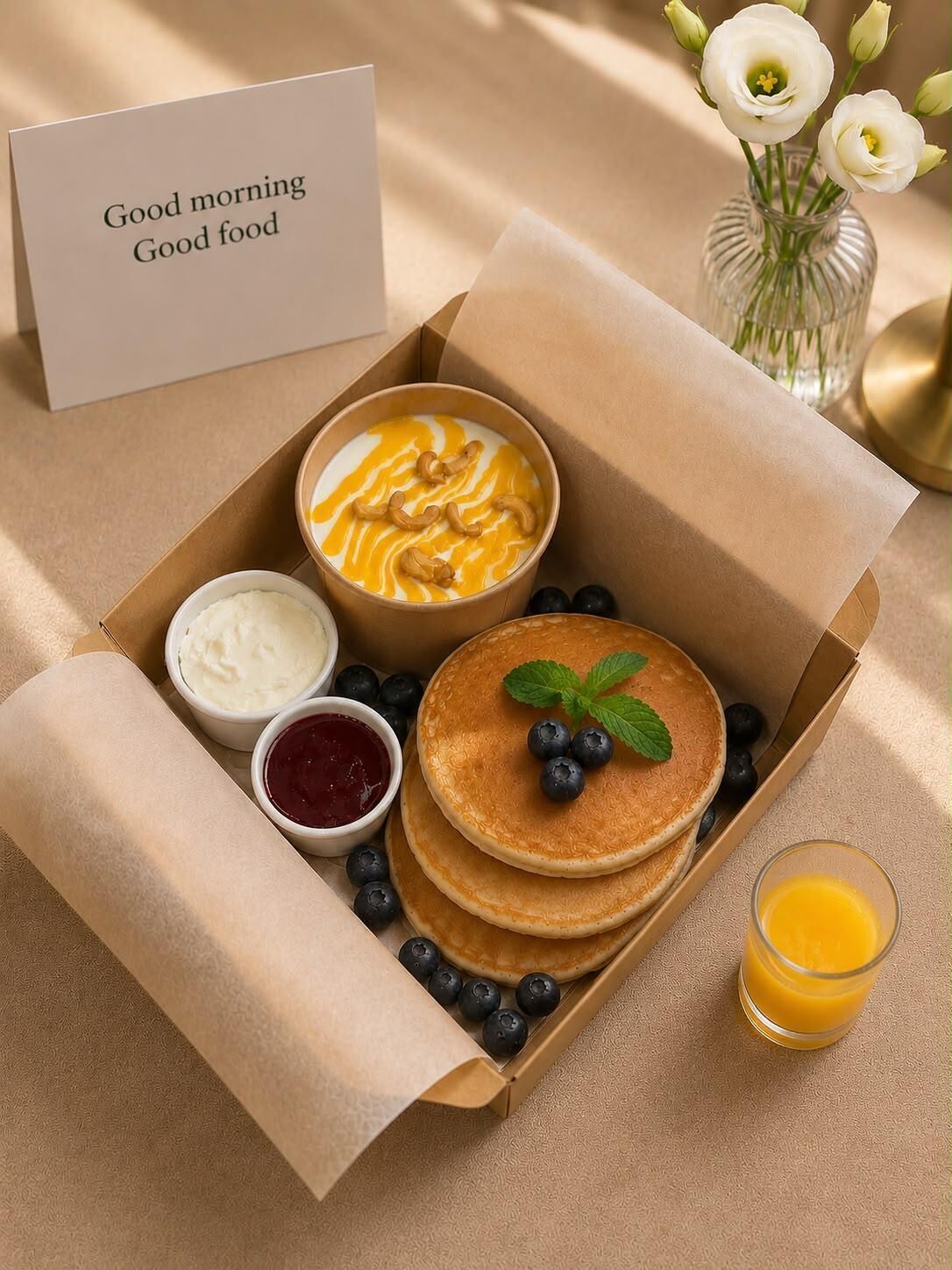 A breakfast box with pancakes, yogurt, blueberries, and a glass of orange juice.