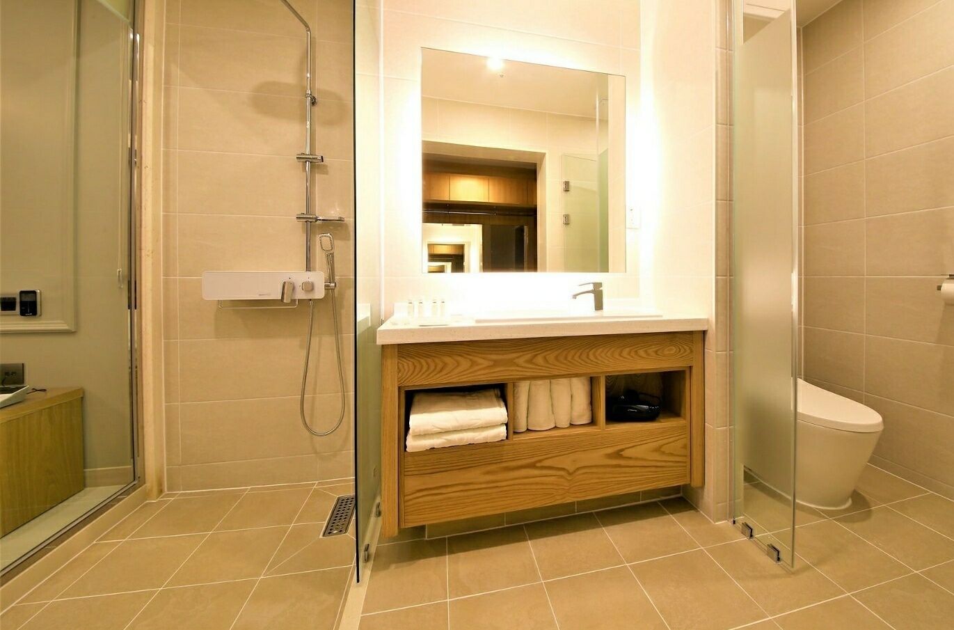 A modern bathroom with a glass shower enclosure, a wooden vanity with a mirror, and a toilet.