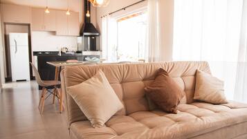 Comfort Chalet, Private Pool, Lakeside | Living area | Flat-screen TV, streaming services