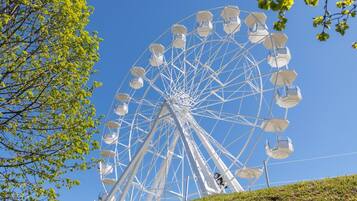 A large Ferris wheel with a clear sky and green foliage in the foreground.