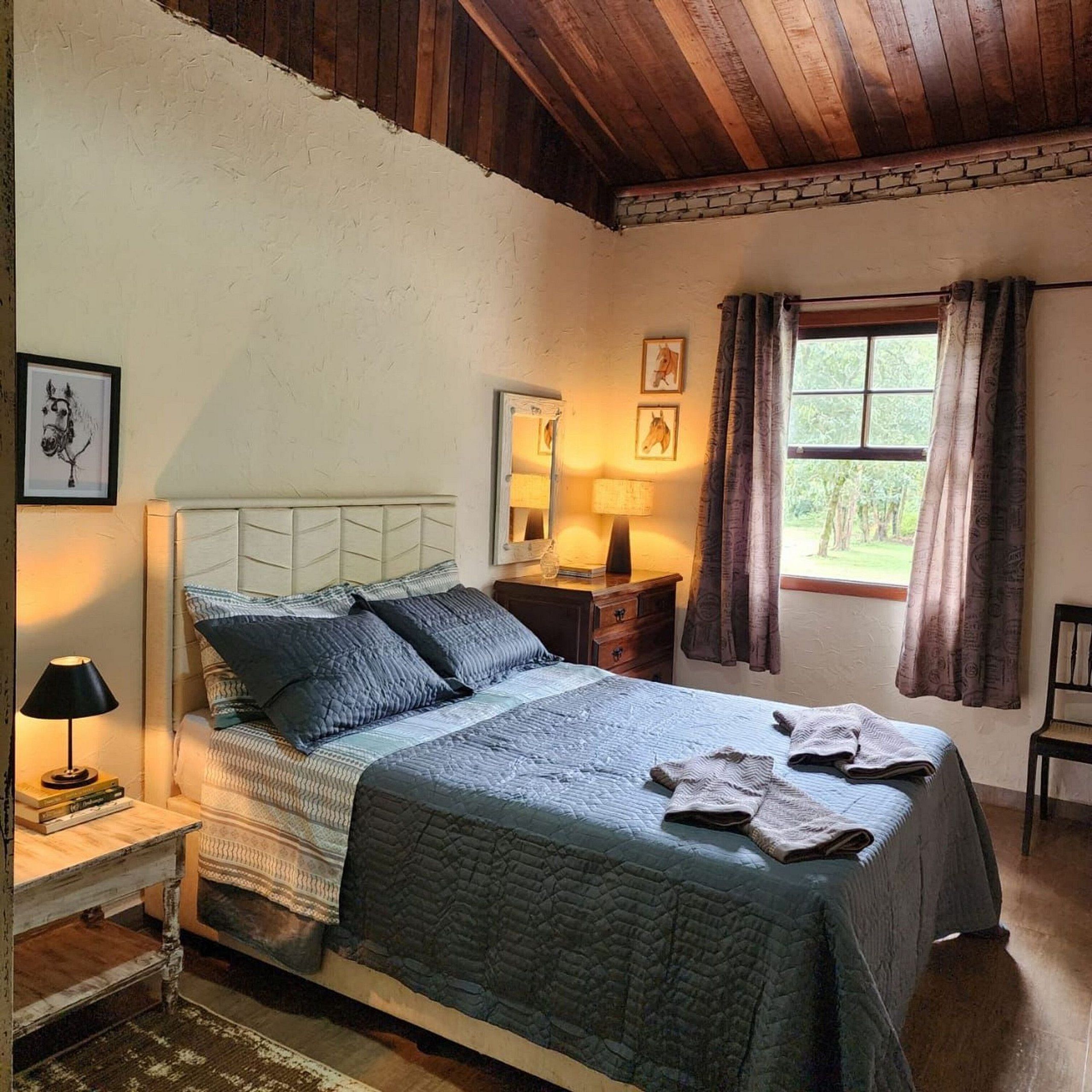 A bedroom with a bed, bedside tables, a window with curtains, and wall-mounted artwork.