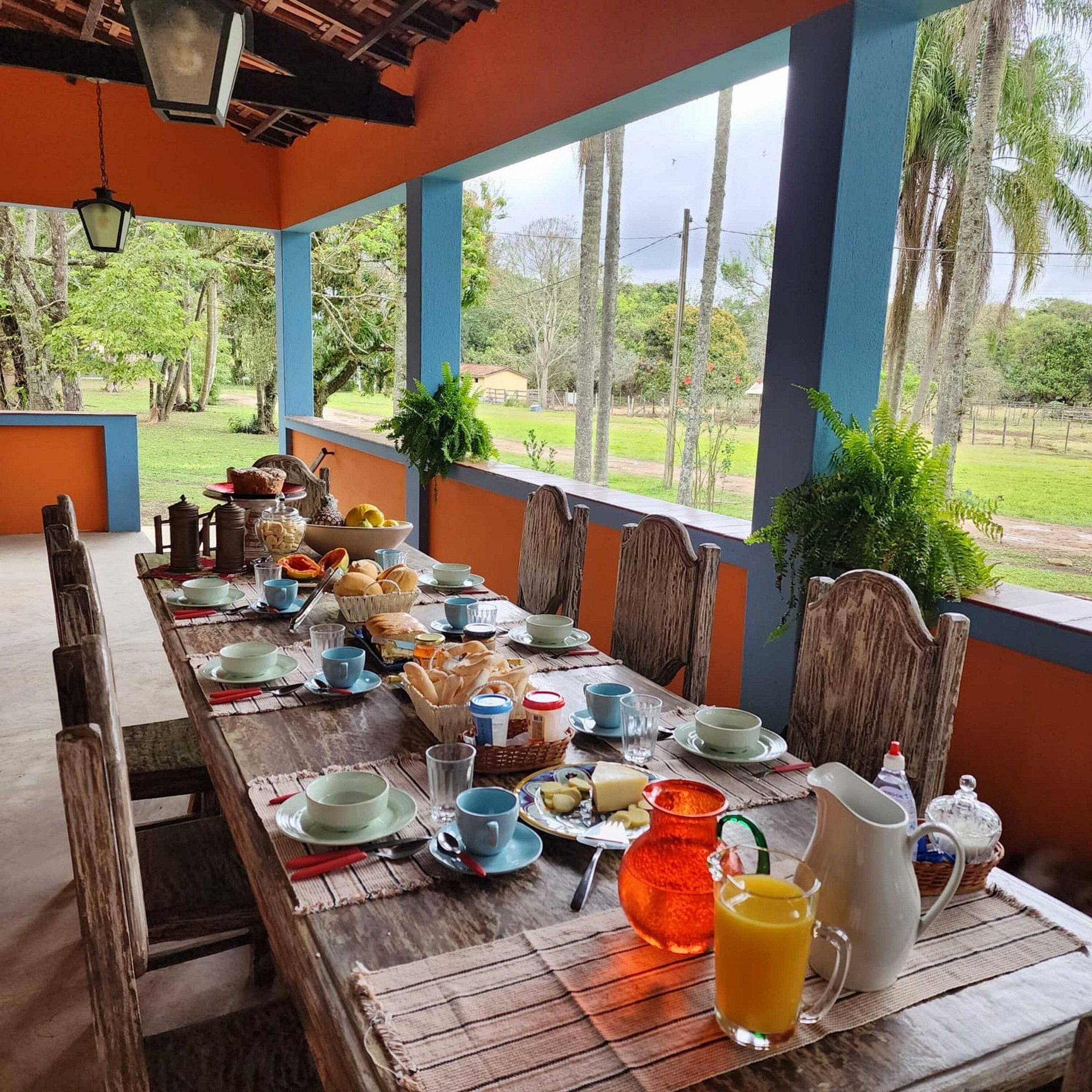 A long dining table set with various dishes and drinks, surrounded by chairs, in a room with large windows and a view of greenery outside.