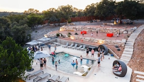 Outdoor pool, pool umbrellas, pool loungers