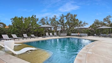 Outdoor pool, pool umbrellas, pool loungers