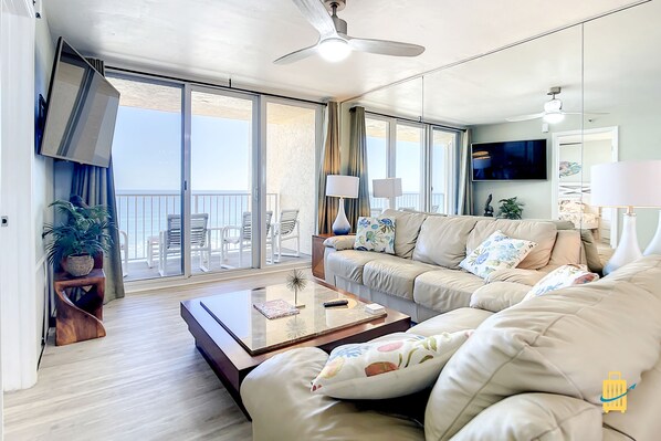 Apartment, Multiple Beds, Ocean View, Beachfront | Living area - Beachfront Oceania Beach Club Complex (New Smyrna Beach)