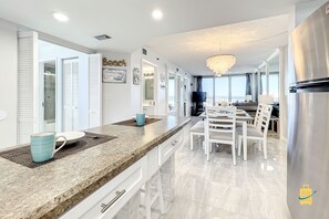 Comfort Apartment, Ocean View | Private kitchen | Fridge, microwave, stovetop, cookware/dishes/utensils - Beachfront Oceania Beach Club Complex (New Smyrna Beach)