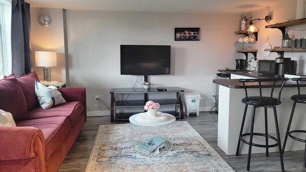 Een moderne woonkamer met een bank, salontafel, televisie, een kleine keuken met een magnetron en een barstoel.
