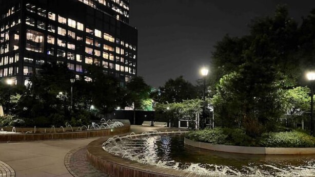 A nighttime view of a modern building with illuminated windows, surrounded by a landscaped area with a water feature and trees. - New Luxury apt,Javits Center,NYC (New York)