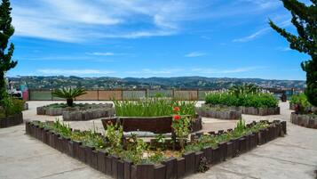 A rooftop garden with a wooden bench, surrounded by raised flower beds and various plants.