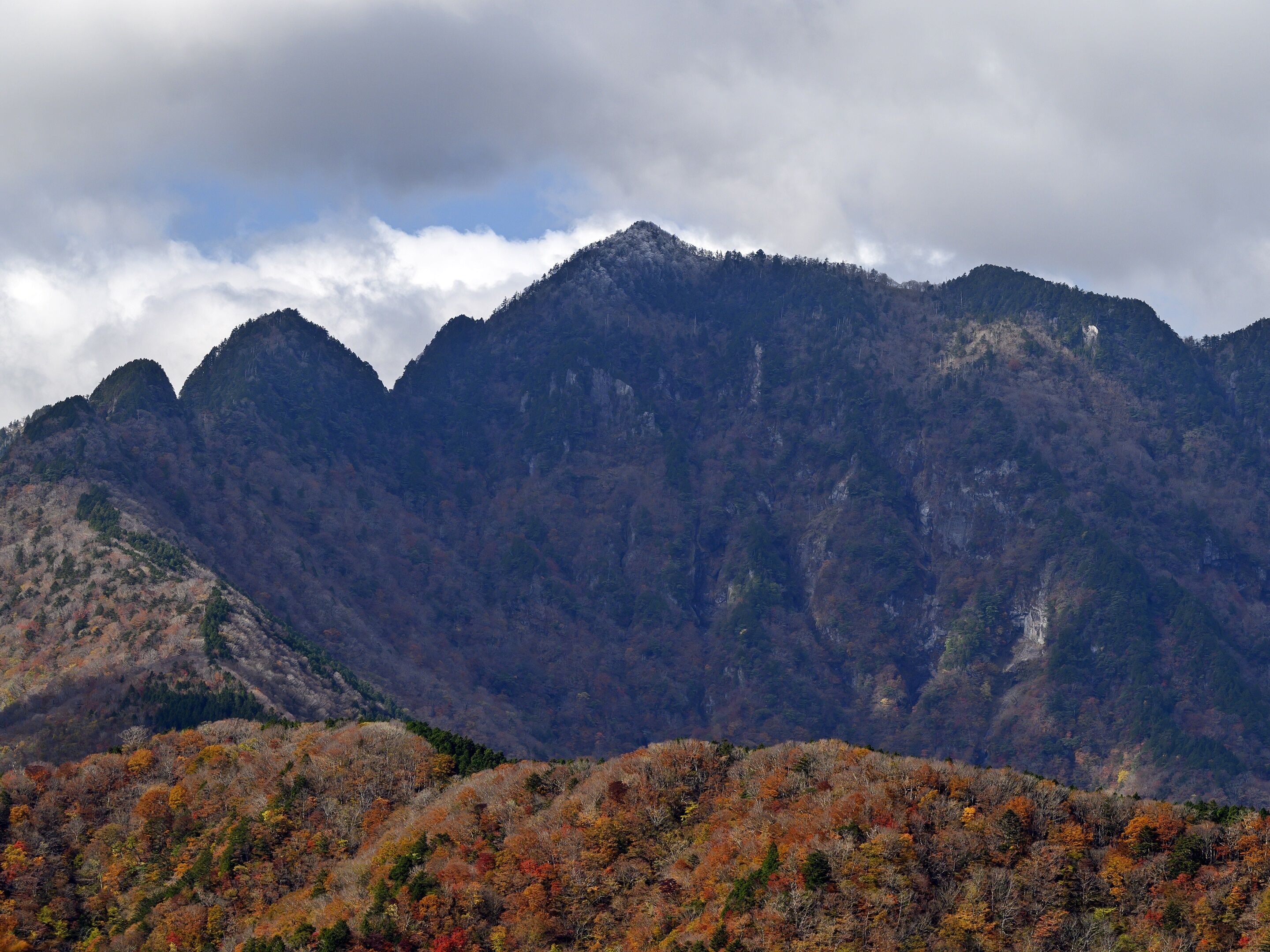 A mountainous landscape with dense forest and rocky terrain.