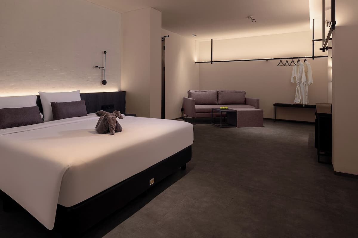 A modern hotel room with a large bed, a sofa, a small table, and a clothing rack.