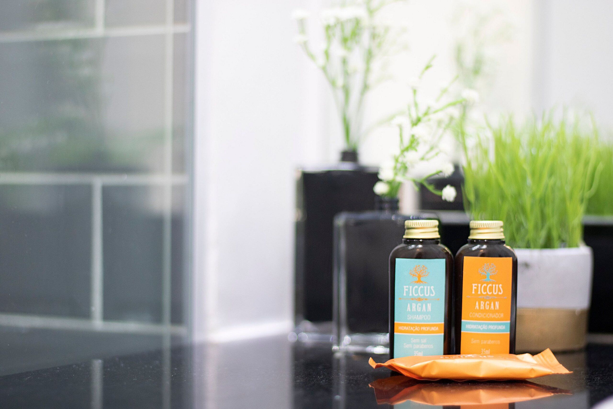Two bottles of Ficus Argon shampoo and conditioner on a black countertop with a glass vase and green plants in the background.