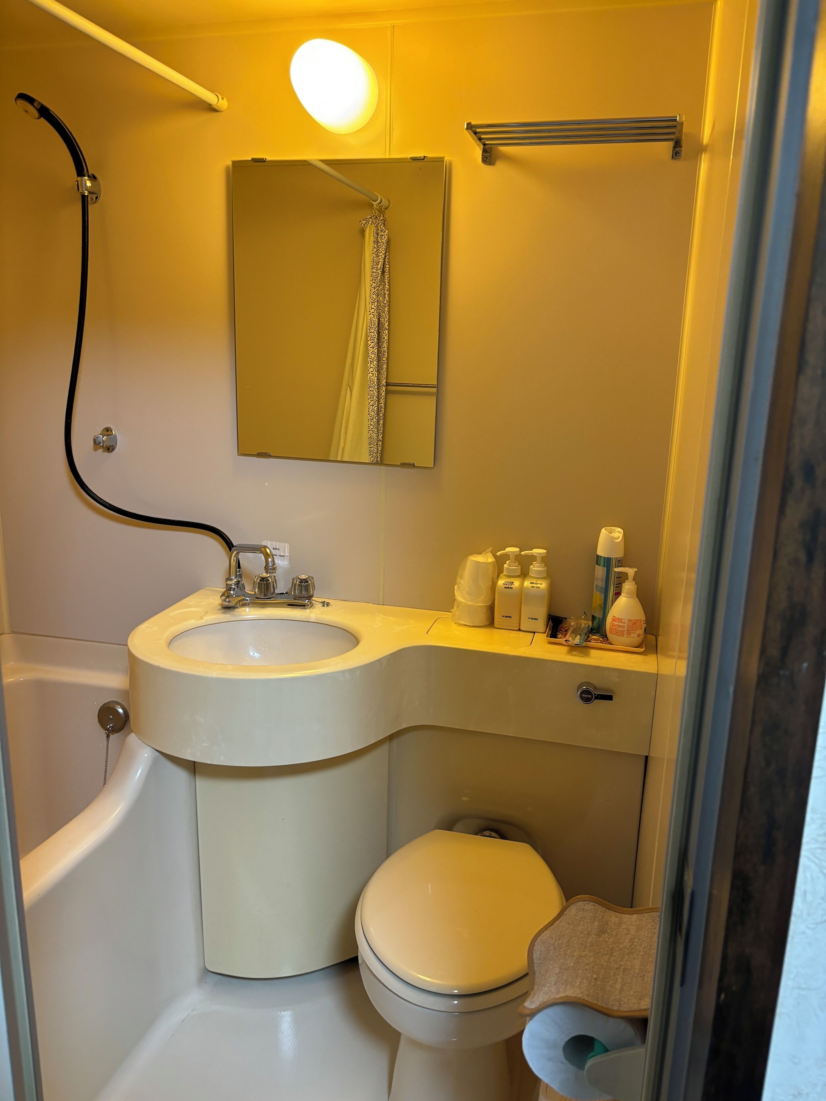 Un bagno piccolo ma funzionale, con lavandino, WC e doccia.