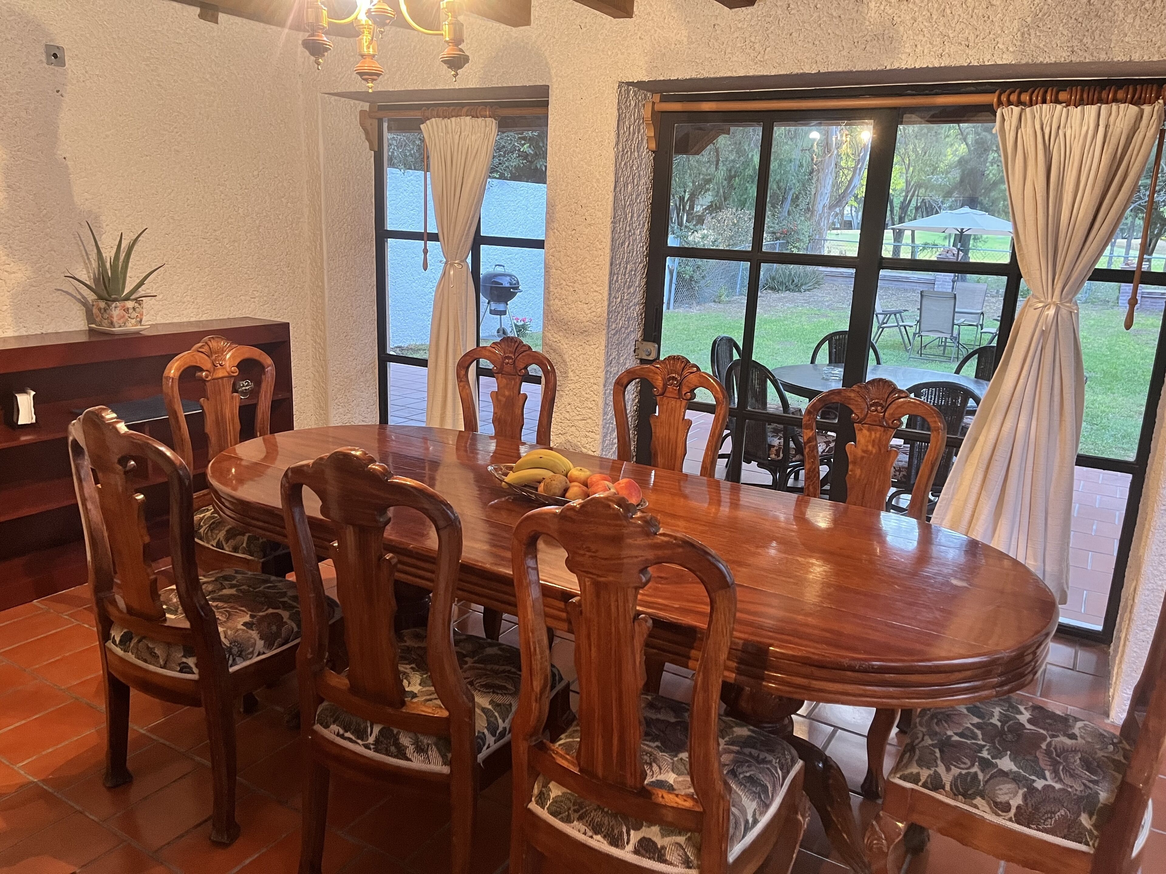 Un comedor con mesa y sillas de madera, una planta en maceta y vistas al exterior a través de amplios ventanales.