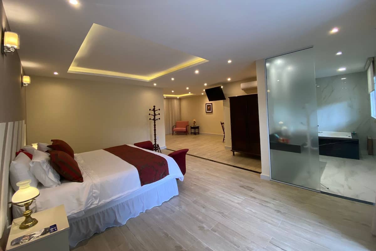 A modern hotel room with a large bed, a bedside table, a chair, and a glass partition.