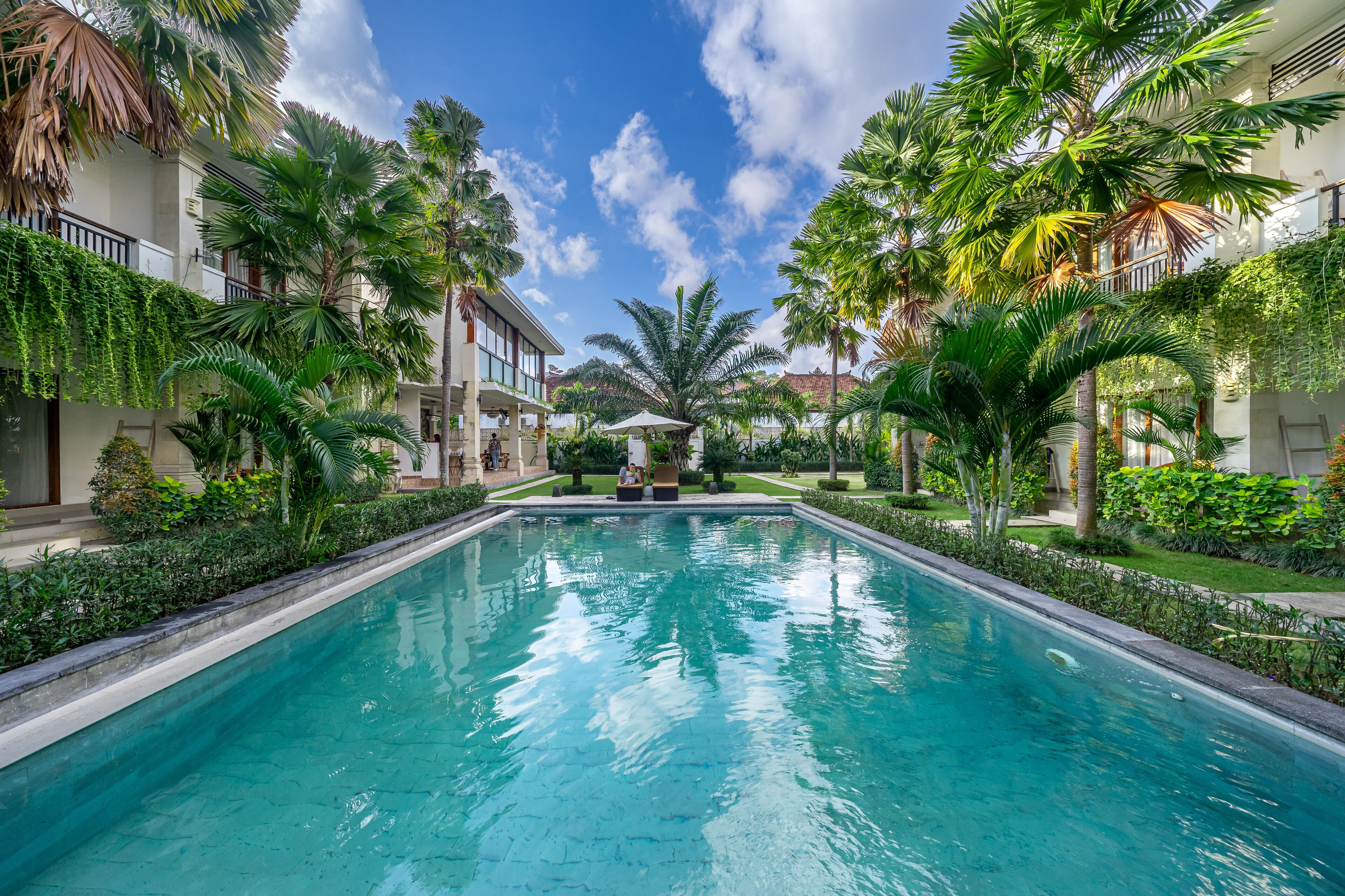 A swimming pool surrounded by lush greenery and palm trees, with a clear blue sky above.