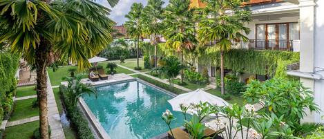 A swimming pool surrounded by palm trees and a well-maintained garden, with a house in the background.