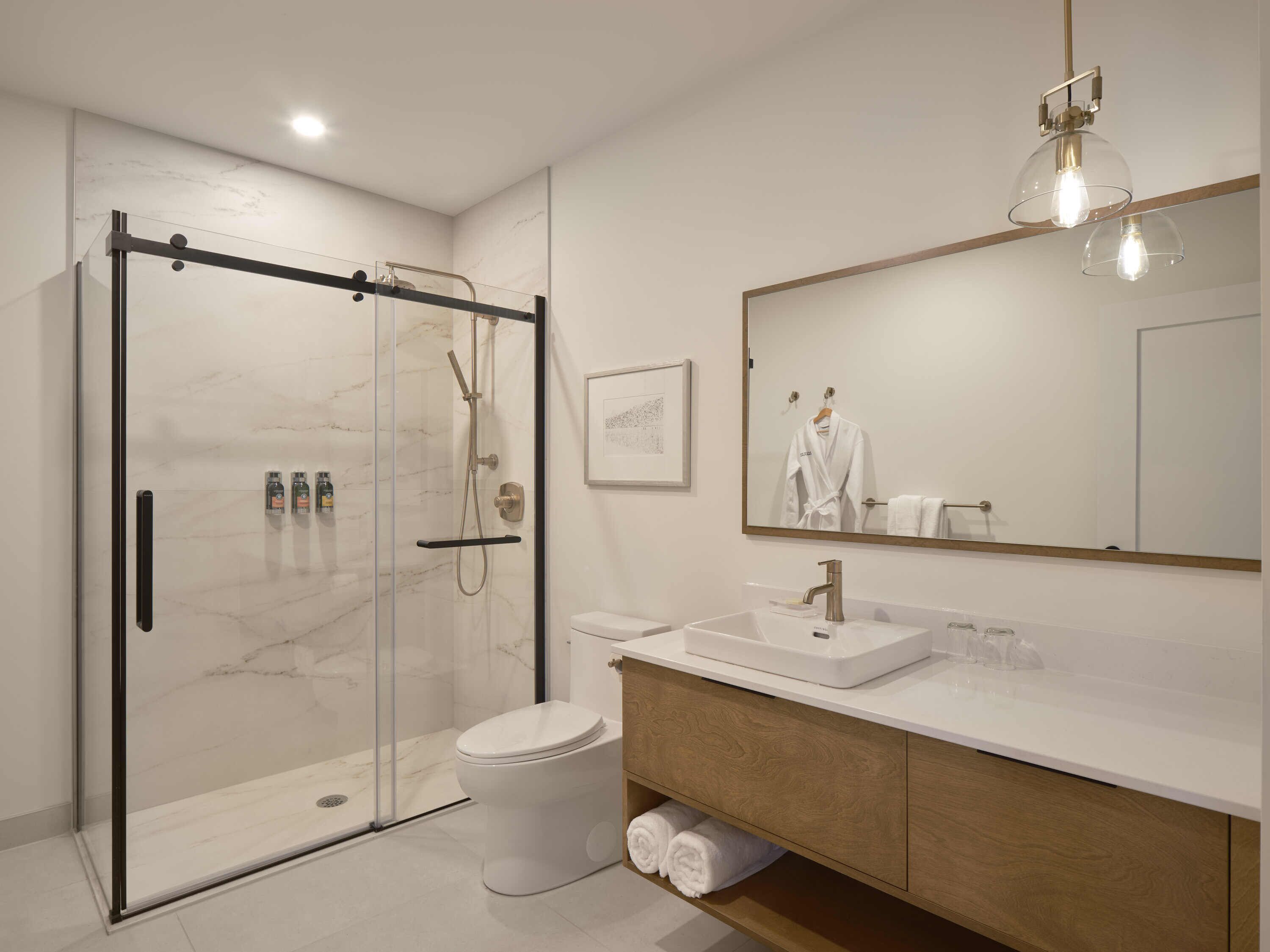 Une salle de bain moderne avec une douche à parois de verre, des toilettes blanches, un meuble-lavabo en bois avec un lavabo blanc et un grand miroir.