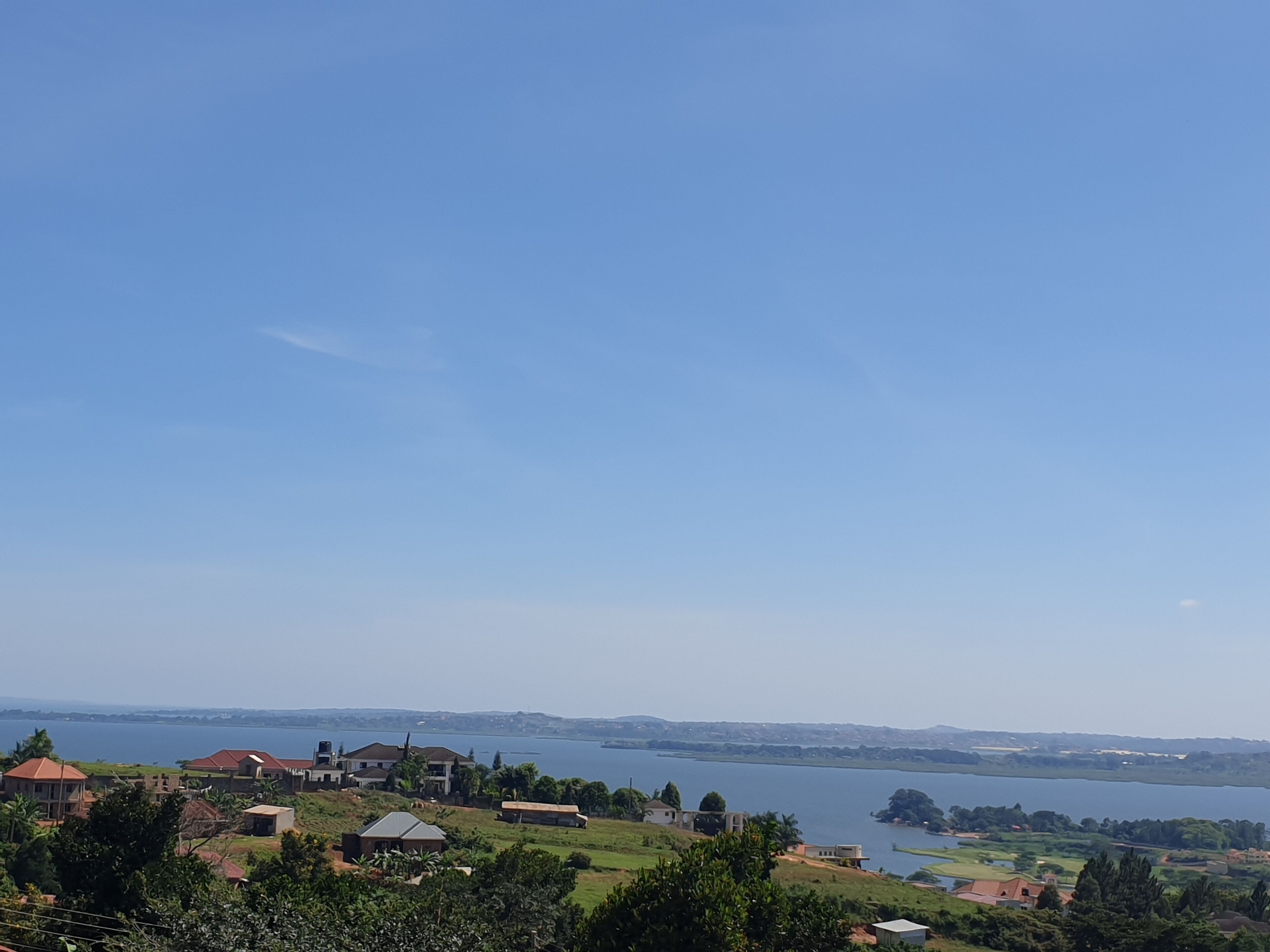 A coastal residential area with houses and a large body of water.