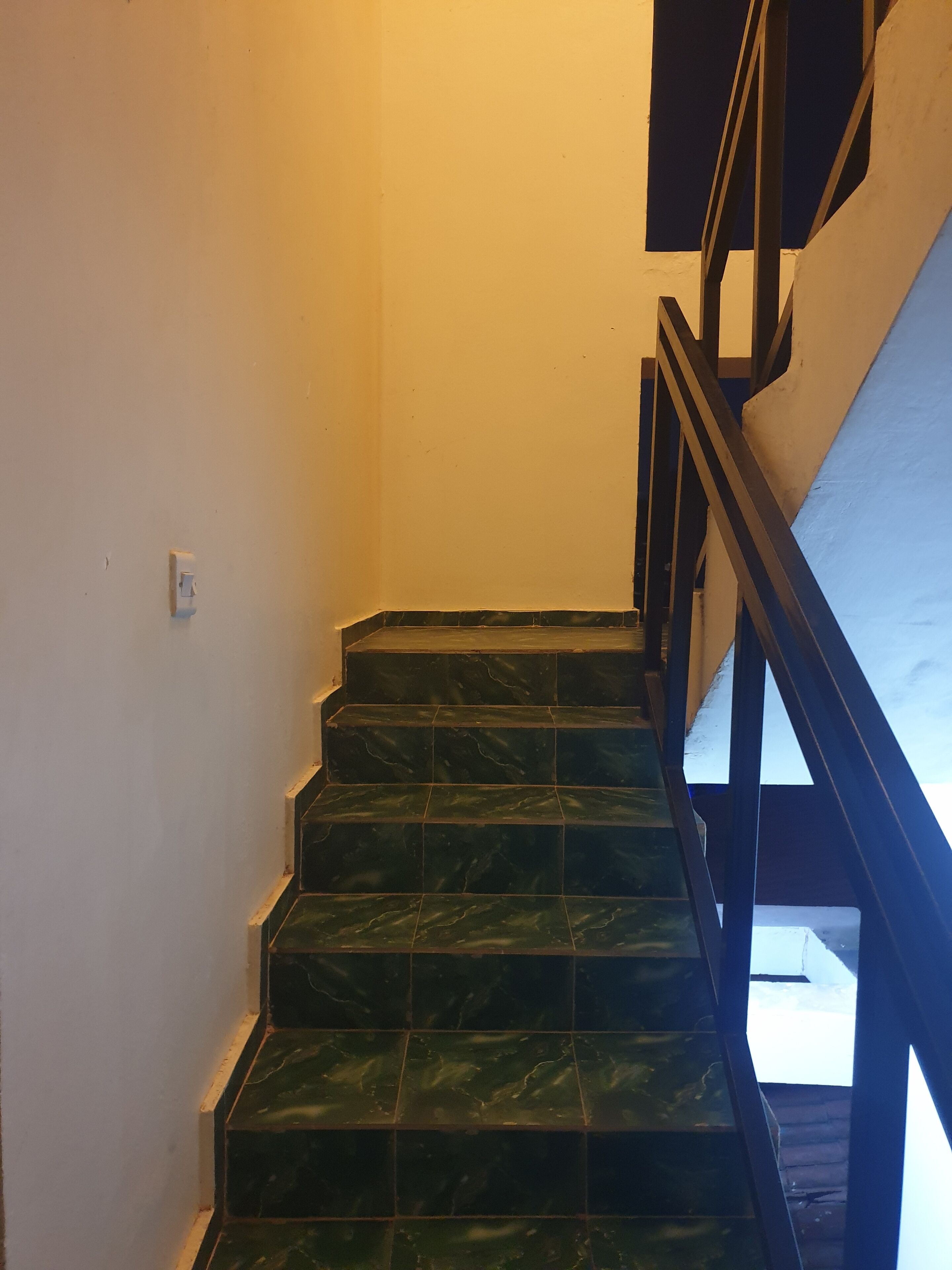 A staircase with dark marble steps and a black metal railing.