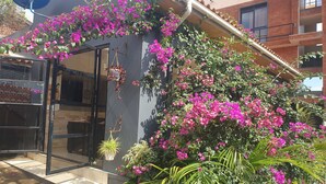 Ein Gebäude mit einem Balkon, der in leuchtend rosa Blüten getaucht ist, einer Satellitenschüssel und einer Ziegel-Fassade.