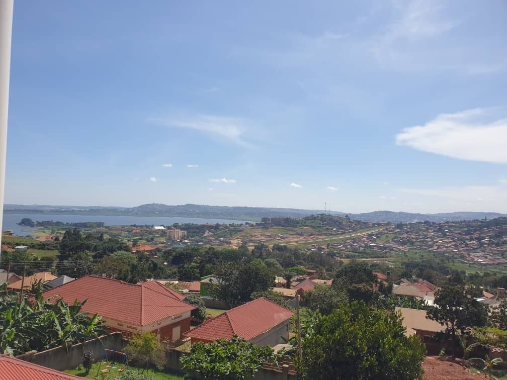 A residential area with houses, a road, and a body of water in the distance.