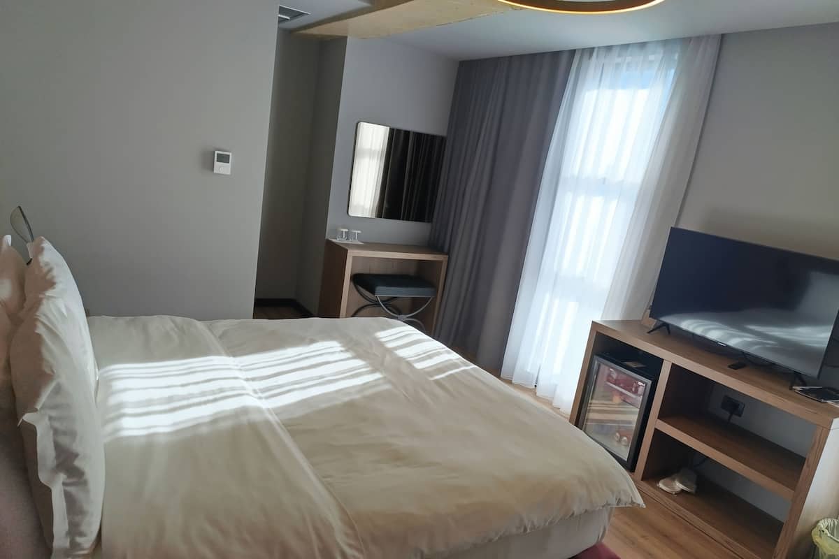 Une chambre d’hôtel avec un lit, une télévision, un bureau et une fenêtre avec des rideaux.